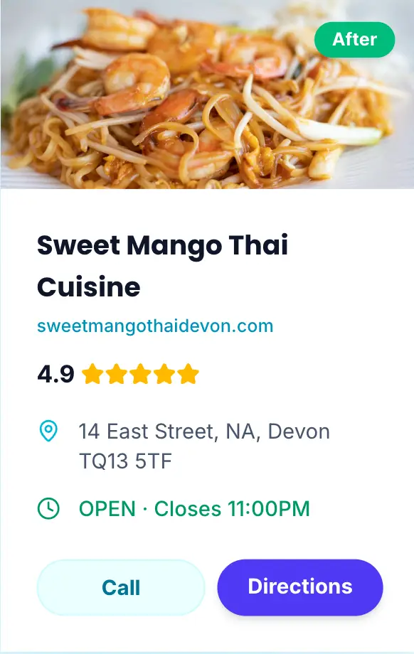 After example showing an improved citation listing with website, rating, address and opening hours